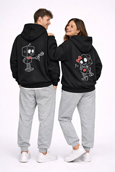 NEVERMIND Robot Printed Lover's Combination Oversize Hoodie Set for Women and...