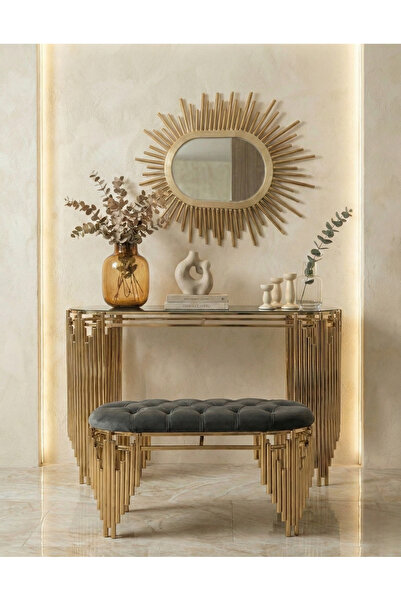 lowena home Dresuar Takımı Ultra Lak Gold Kaplama Antrasit Puf Ayna Dahil 120...