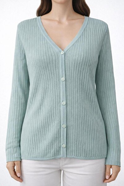 Neden Tekstil Water Green V-Neck Buttoned Knitwear Cardigan