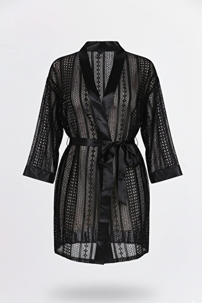 C&City Belted Lace Dressing Gown Black