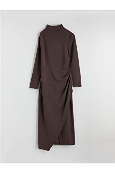 LC Waikiki M1 Sezon Brown Mock Neck Ruched Dress