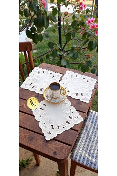 Altın Çeyiz Tekstil Delik İşi Kesme Tepsi Örtüsü 3 Adet, Krem Renk, 18x18 cm