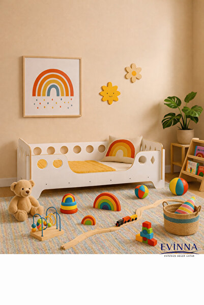 EVİNNA Beyaz Montessori Karyola 70x140, Beyaz MDF, Ahşap Detaylı Güvenli Çocu...