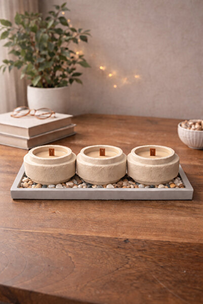 Sabletscrafts Bej Krem Ahşap Fitilli El Yapımı Mum Seti – 3’lü Tepsili
