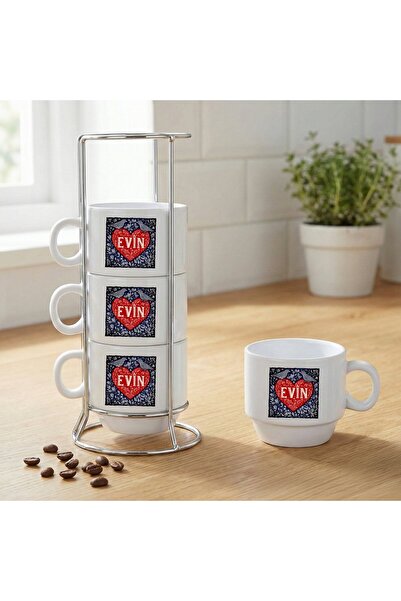 ZERYA Special for Lovers: Set of 4 Porcelain Coffee Cups with Stand and Writt...