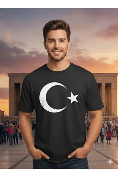 LiyAdaCo Unisex Turkish Flag Printed T-Shirt Oversized Black T-Shirt with Moo...