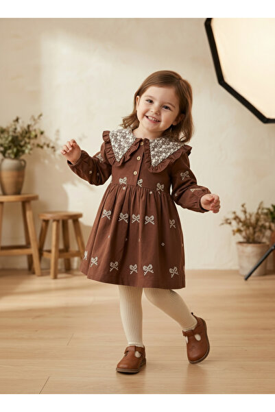 COLORED BABY Baby Girl Brown Collared Embroidered Long Sleeve Dress