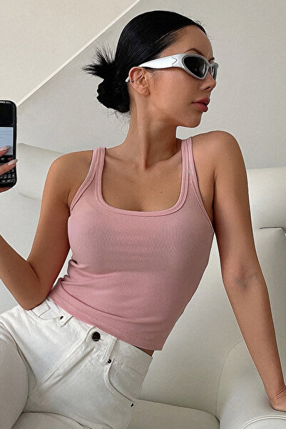 ROSAMİNA Women's Gray Camisole Fabric Wide Strap Crop Blouse