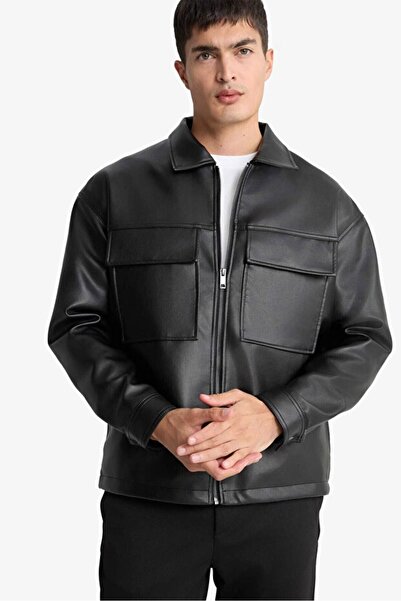 DeFacto Men's Leather Coat and Jacket Y4461Az/Bk27 Black