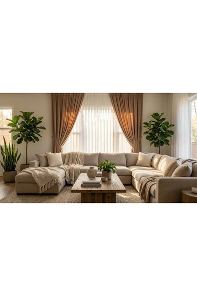İNCİLİFE Light Brown Velvety Island Background Curtain – 1/3 Dense Pleated (V-9)