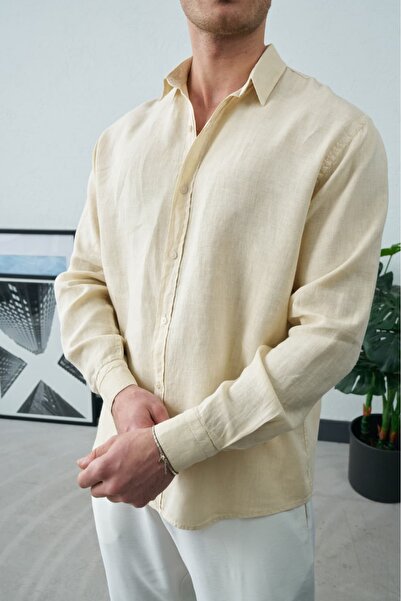 Wonraces Men's Cream Oversize Comfortable Fit Long Sleeve 100% Raw Linen Shirt