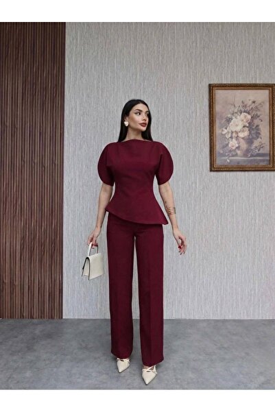 maf collection Kadın Bordo Balon Kol Asimetrik Kesim Takım