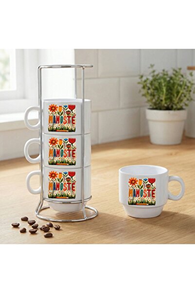 ZERYA طقم فناجين قهوة من البورسلين مكون من 4 قطع مع حامل مكتوب عليه باللغة ال...