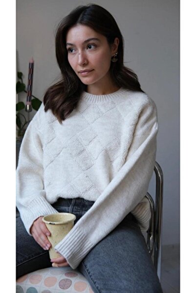 AlanTeks Crew Neck Baklava Pattern Plush Detailed Casual Thick Knitwear Sweat...