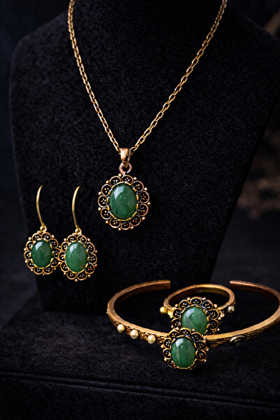 İyyaKee Kadın Bakır Kolye Bileklik Yüzük Küpe Takım Seti Doğal Yeşil Akik Taş...