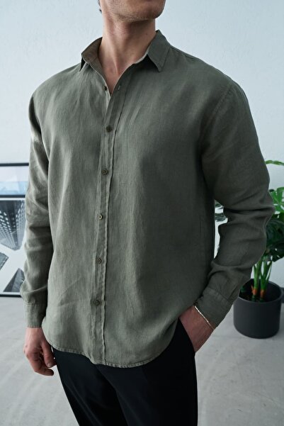 Wonraces Men's Khaki Oversize Comfortable Fit Long Sleeve 100% Raw Linen Shirt
