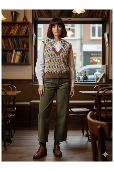 Namaste Vintage Brown Green Geometric Patterned V-Neck Knitwear Sweater