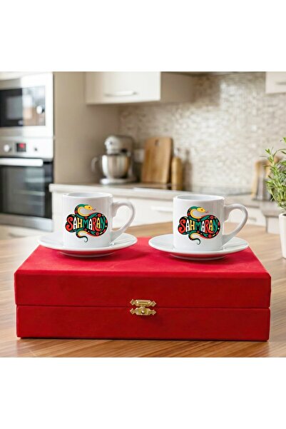 ZERYA Velvet Red Colored Boxed Set of 2 Porcelain Coffee Cups with Shahmaran ...