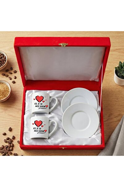 ZERYA طقم فناجين قهوة من البورسلين مكون من قطعتين باللون الأحمر مع كتابة Kürt...