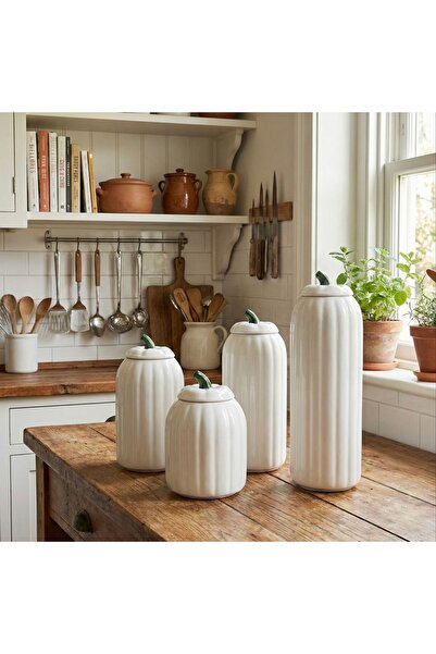EmayeBurada 4'lü Beyaz Seramik Kabak Figürlü Kavanoz Seti - Kapaklı Erzak Sak...