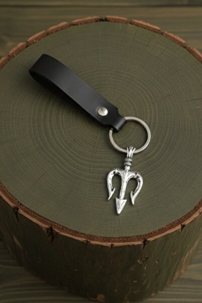 AB Takı Trident Spear Design Real Leather Keychain Black Genuine Leather Keyc...