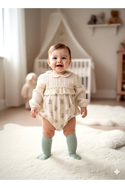 BEREN MiniCayzen Vintage Kız Bebek Müslin Çiçekli Tulum ve Ajurlu Dizaltı Çor...