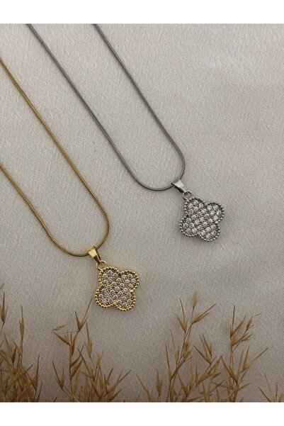 stainless steell Taşlı Yonca Model Çelik Kolye