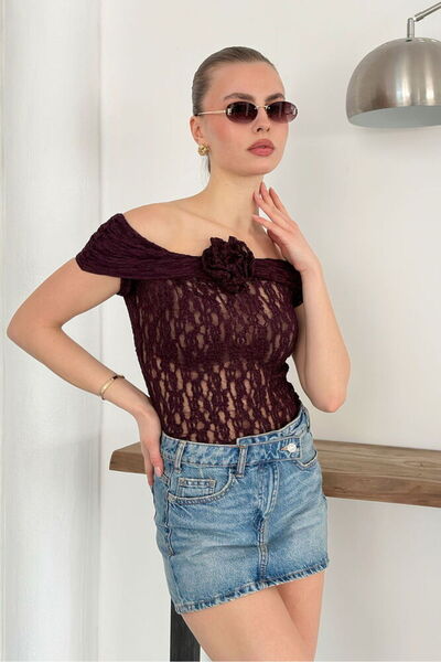 Caddebostan Moda Burgundy Rose Detailed Lace Blouse Modern Premium Luxury Tre...