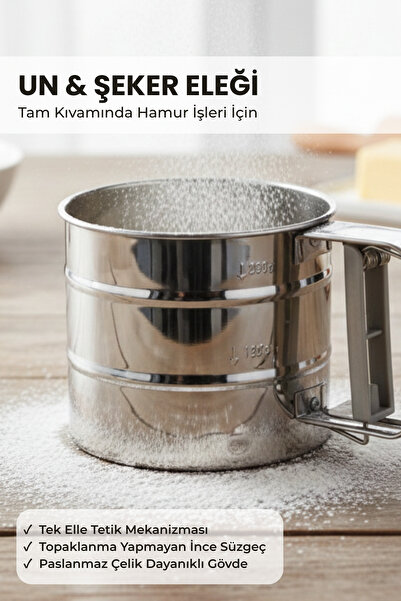 Velora Store TR Paslanmaz Çelik Un Eleği - Pratik Basmalı Şeker ve Un Eleği