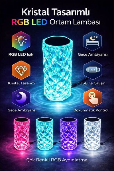 Modernica MASA LAMBASI RGB KRİSTAL ŞARJLI RENK DEĞİŞTİRİCİLİ