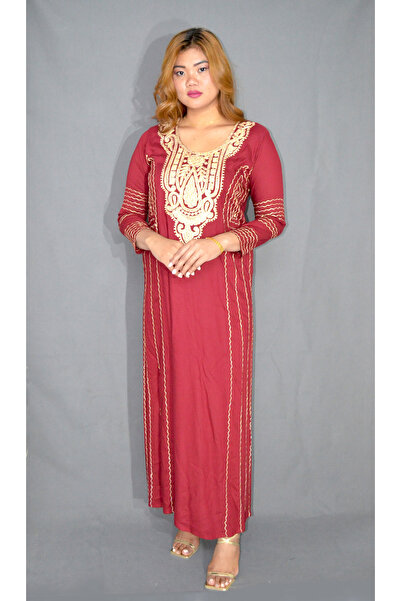 Zainah Embroidered Neck Jalabiya Modest Dress - Long Sleeve Viscose Polyester...