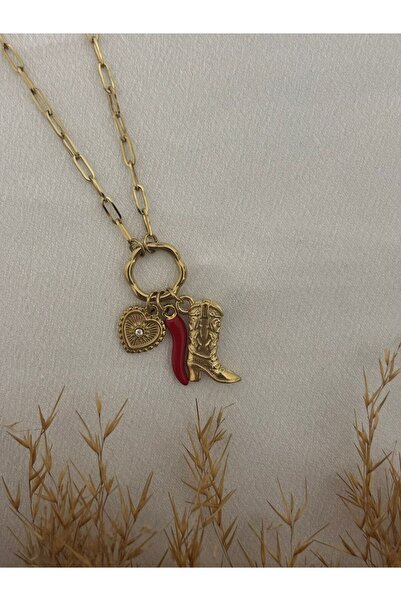 stainless steell Şans Biberi - Çizme - Kalp Charmlı Çelik Kolye