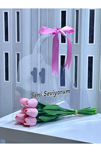 Zemtigo Yazılı Çantalı Islak Lale Buketi Yapay Çiçek Pembe Lale Sevgiliye Hed...