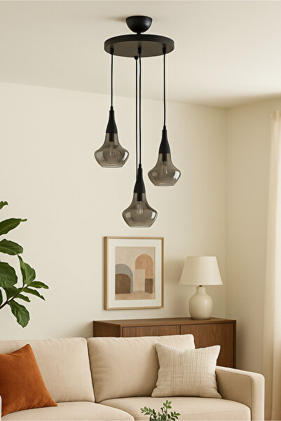 Saatistan Şık Siyah Füme Camlı 3'lü Sarkıt Avize, Modern ve Zarif Tasarım