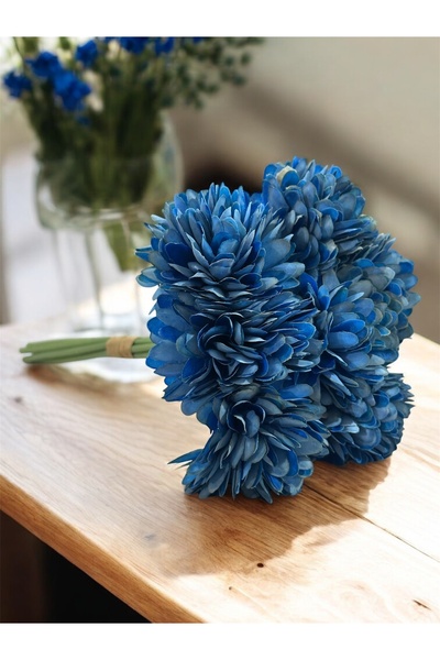 Lilac Home Yapay Çiçek Top Krizantem 7’li Kartopu Demeti 30 Cm Saks Mavi