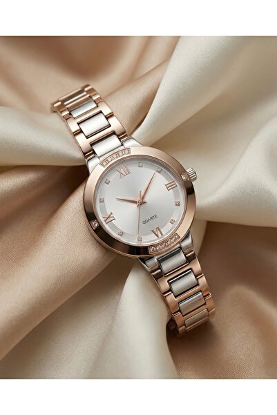 KLISHE Butik Kadın Saat Gümüş & Bronz Renk Lüks Taşlı Çelik Saat – Şık, Zarif...