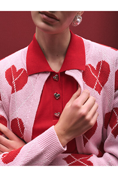 Koton Buttoned Long Sleeve Crew Neck Heart Cardigan