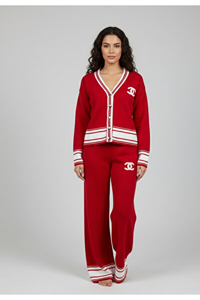 YusGos Women's Buttoned Striped Knitwear Cardigan Trousers College Bottom Top...