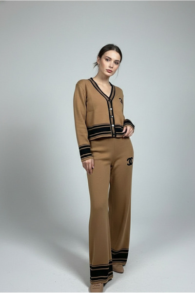 YusGos Women's Buttoned Striped Knitwear Cardigan Trousers College Bottom Top...