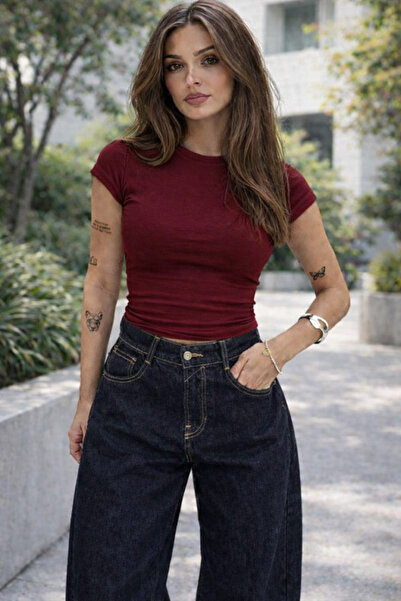 Boi Kadın Siyah Beyaz Bisiklet Yaka Likralı Karpuz Kol Bluz Yazlık Crop Esnek...