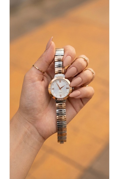 KLISHE Butik Women's Watch Silver & Bronze Color Luxury Stone-Studded Steel W...