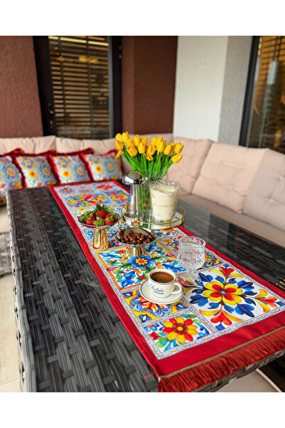 white rabbit home Majolica Desenli Renkli Ve Saçaklı Runner(40.140cm)