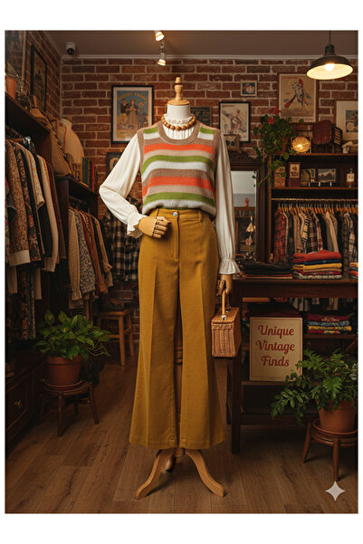 Namaste Vintage Çizgili desenli midi boy yün örgü süveter