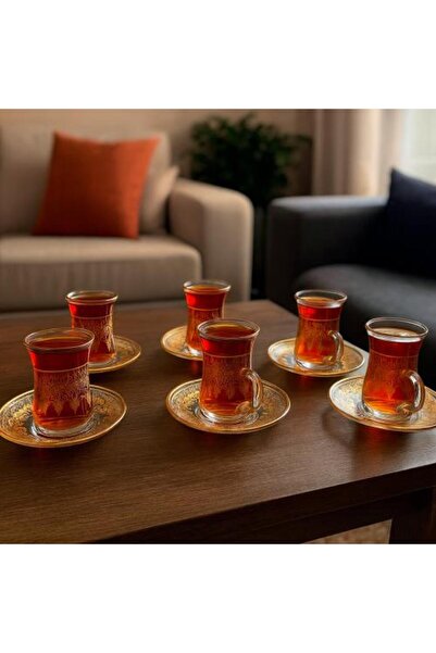 Generic Elegant Glass Tea Cup Set with Golden Pattern – 6 Pieces