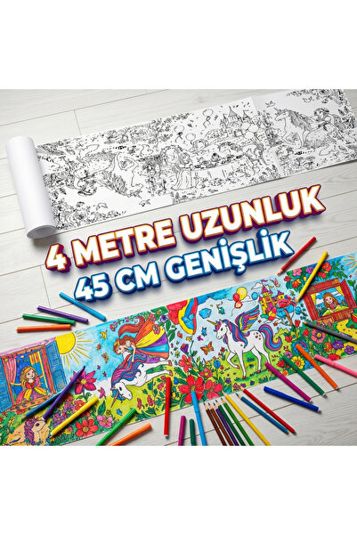 Erzi Boyama Kitabı Rulo 4 Metre Dev Boy Unicorn ve Prenses 45 Cm