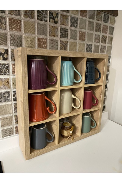 ediz ahşap %100 mdf dekoratif 9 gözlü mutfak kahve köşesi fincan rafı düzenle...