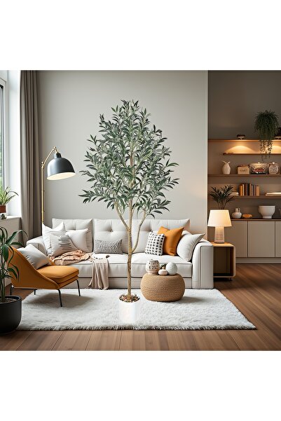 SCHENKERO شجرة زيتون صناعية بطول 180 سم، في وعاء مزين بالحصى، بأوراق وثمار وا...