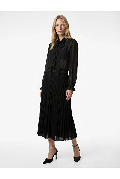Koton Midi Pileli Şifon Siyah Kadın Etek 6SAK70038UW