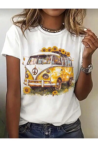 ALCİNOUS White Cotton Unisex Skirt Oval Printed Basic T-Shirt