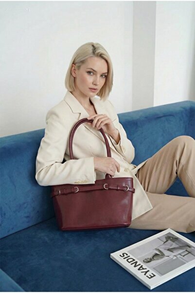 eyandis Kadın Vişne Çürüğü-Bordo Kemer ve Toka Detaylı Vintage Stil Ofis ve G...